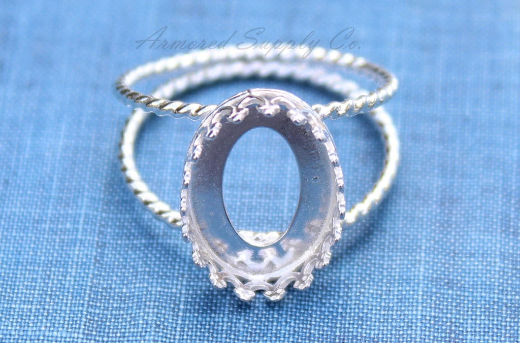 Silver Double Rope Band Oval Crown Bezel Cup Ring blank, Round Cabochon, Cab Resin Ring, DIY jewelry supplies, wholesale jewelry, diy ring