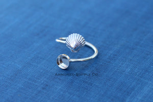 Silver Sea Shell Wrap Adjustable Bezel Cup Ring blank, Round Cabochon, Breast Milk DIY jewelry supplies, build a ring, wholesale jewelry