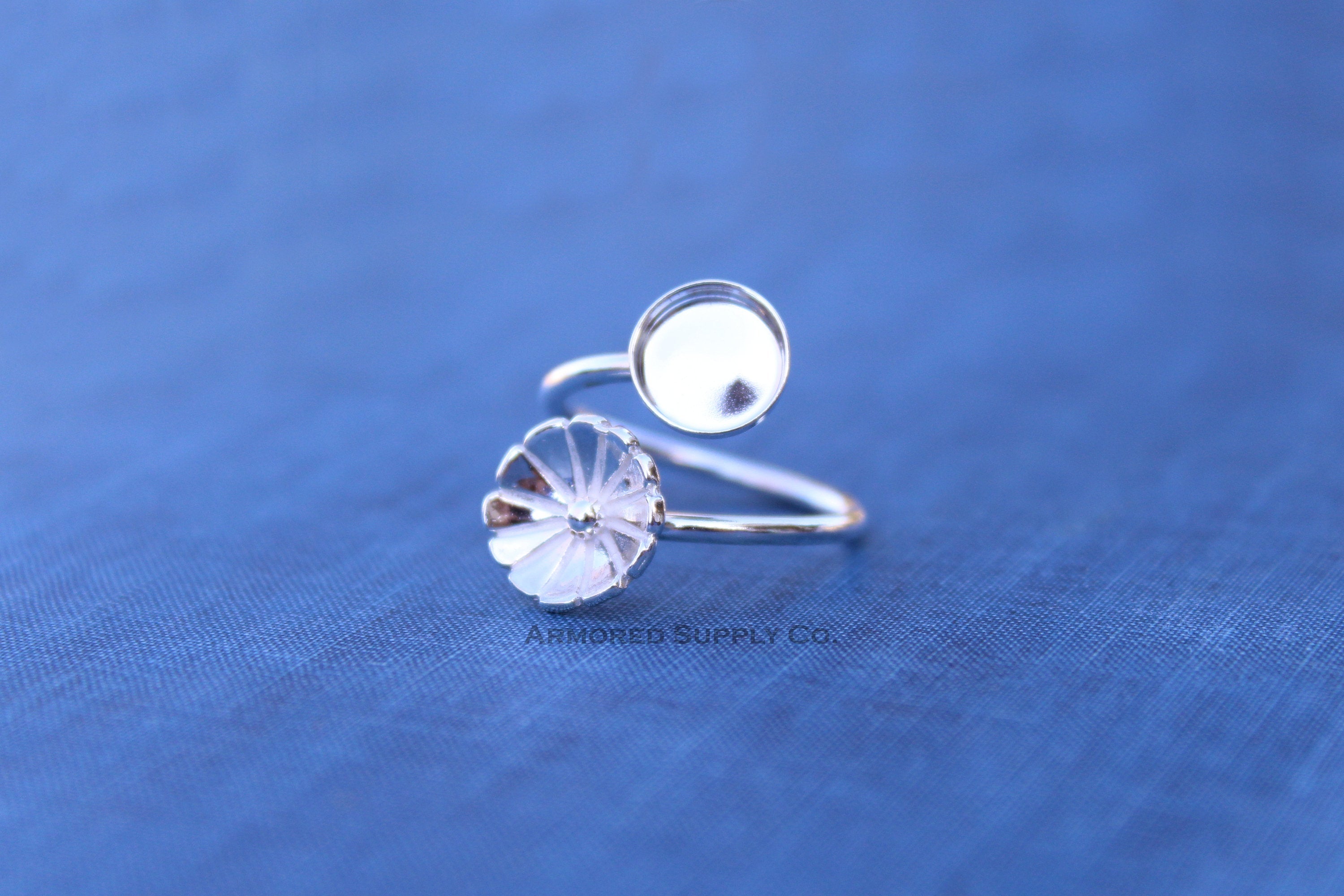 Silver Flower Wrap Adjustable Bezel Cup Ring blank, Round Cabochon, Breast Milk DIY jewelry supplies, build a ring, wholesale jewelry