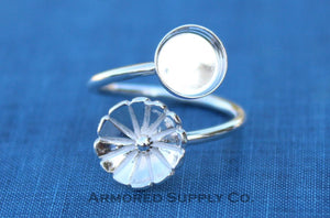 Silver Flower Wrap Adjustable Bezel Cup Ring blank, Round Cabochon, Breast Milk DIY jewelry supplies, build a ring, wholesale jewelry