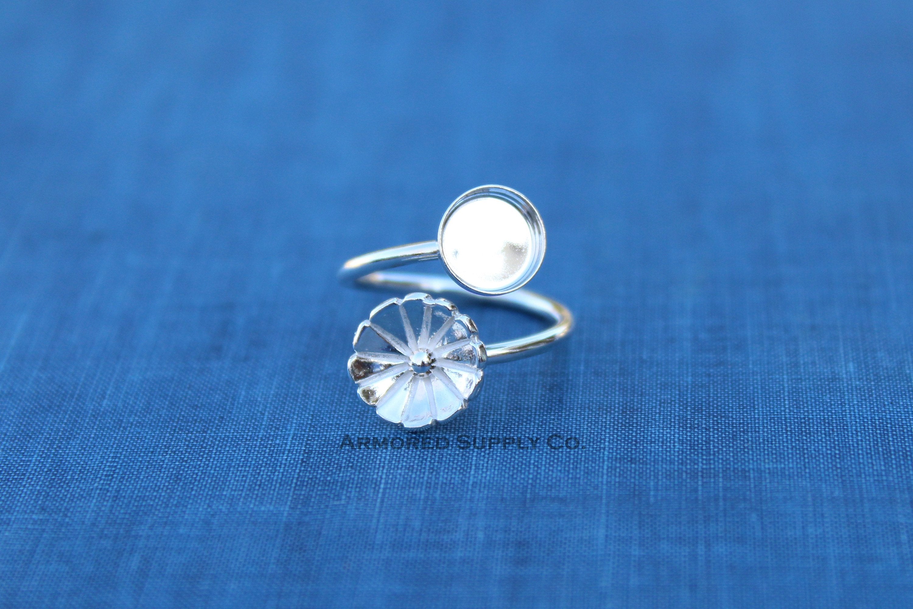 Silver Flower Wrap Adjustable Bezel Cup Ring blank, Round Cabochon, Breast Milk DIY jewelry supplies, build a ring, wholesale jewelry