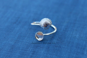 Silver Sea Shell Wrap Adjustable Bezel Cup Ring blank, Round Cabochon, Breast Milk DIY jewelry supplies, build a ring, wholesale jewelry