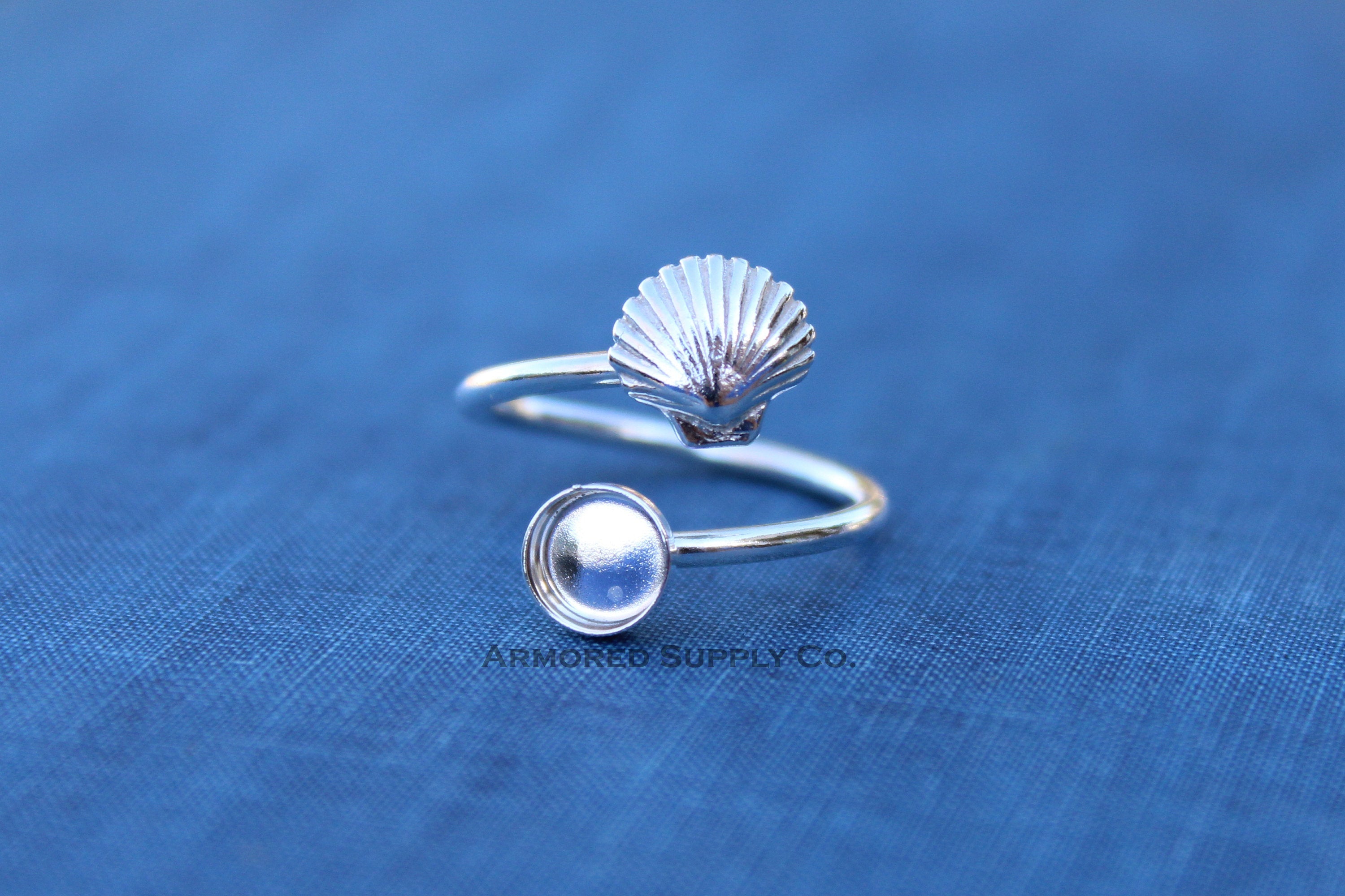 Silver Sea Shell Wrap Adjustable Bezel Cup Ring blank, Round Cabochon, Breast Milk DIY jewelry supplies, build a ring, wholesale jewelry