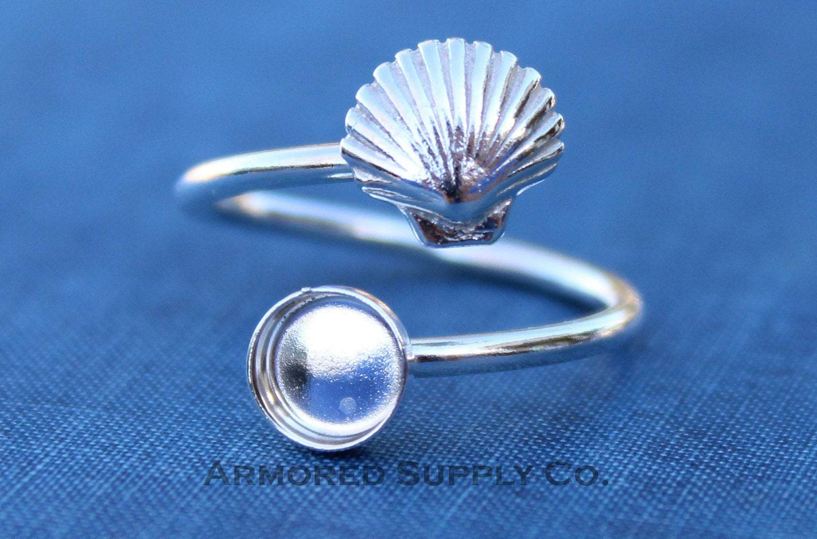 Silver Sea Shell Wrap Adjustable Bezel Cup Ring blank, Round Cabochon, Breast Milk DIY jewelry supplies, build a ring, wholesale jewelry